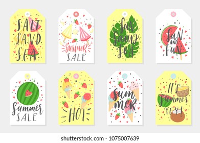 Summer set of sale and gift tags, labels, stickers and cards with fun elements, hand drawn lettering and textures kit. Collection with tropical leaves, fruits, icecream, lemon, pineapple and more.