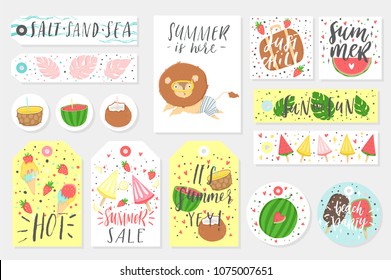 Summer set of sale and gift tags, labels, stickers and cards with fun elements, hand drawn lettering and textures kit. Collection with tropical leaves, fruits, icecream, lemon, pineapple and more.