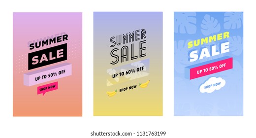 Summer set of sale and gift tags, labels with fun elements, hand drawn lettering and textures kit. Collection with palm tropical leaves, plants, banana and much more