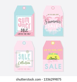 Summer set of sale and gift tags, labels with fun elements, hand drawn lettering and textures kit. Collection with palm tropical leaves, plants, banana, lemon, pineapple and much more. - Images vector