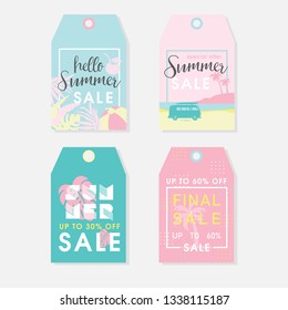 Summer set of sale and gift tags, labels with fun elements, hand drawn lettering and textures kit. Collection with palm tropical leaves, plants, banana, lemon, pineapple and much more. - Images vector