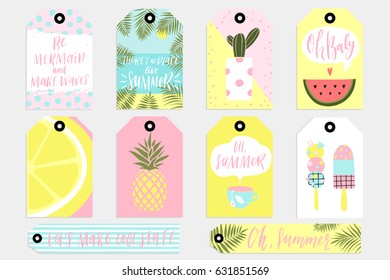 Summer Set Of Sale And Gift Tags, Labels With Fun Elements, Hand Drawn Lettering And Textures Kit. Collection With Palm Tropical Leaves, Watermelon, Banana, Lemon, Pineapple And Much More.