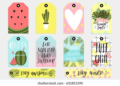 Summer set of sale and gift tags, labels with fun elements, hand drawn lettering and textures kit. Collection with palm tropical leaves, watermelon, banana, lemon, pineapple and much more.