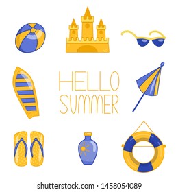 
Summer set: sand castle, rubber ball, sunglasses, surfboard, parasol, swimming circle, shale, sunscreen, hello summer lettering. Vector illustration of flat.
