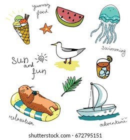 Summer set of sea ape on air matrass, mew on sand, ice cream, funny jelly fish, juicy watermelon, tropic lemonade, yacht, palm  branch, star fish and some lettering.