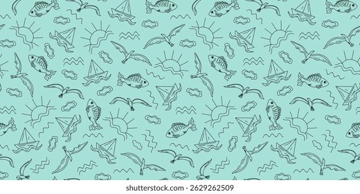  Summer set. Sea, drawing, doodle. Vacation on the sea, ocean. Fish, ship, seagulls, sun. Summer vacation, traveling. Linear hand drawn icons. Seamless background.