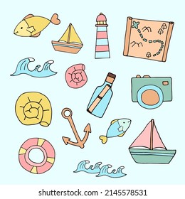 Summer set of summer sea objects. Summer and travel concept.