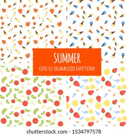 Summer set of seamless pattern on white background. Cartoon style. Vector