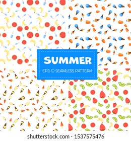 Summer set of seamless pattern on white background. Cartoon style. Vector