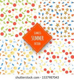 Summer set of seamless pattern on white background. Cartoon style. Vector