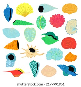 Verano con ilustraciones de conchas marinas. Funny elementos coloridos de concha marina aislados en fondo blanco.
