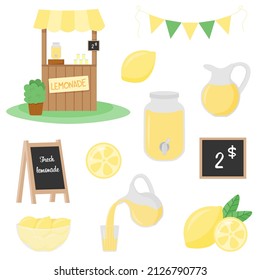 summer set selling lemonade. Lemonade stand, start-up business, refreshing drinks