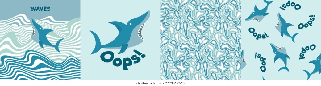 O conjunto de verão com impressão de tubarão para crianças menino é design e padrão. Ilustração vetorial