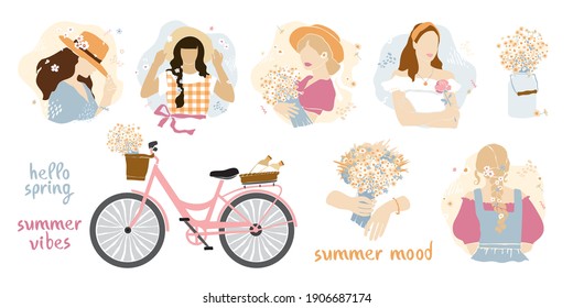 Summer set with silhouettes of girls in sundresses, bouquets of daisies, bicycles isolated on white. Contemporary portraits with women in abstract pastel style. Seasons lettering. Vector illustration