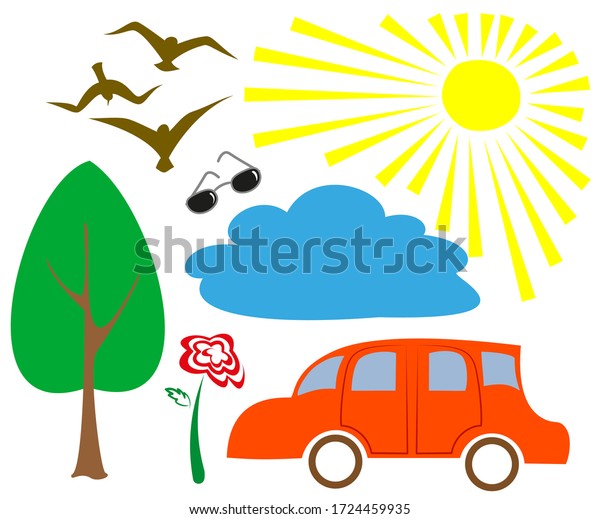 Summer set of simple elements. A collection\
of images of cars, wood, flower, birds, clouds, sunglasses and the\
sun. EPS10 vector\
illustration