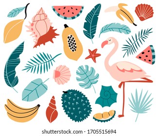 Summer set with simple hand drawn design elements: flamingo, palm tree leaves, sea shells, fruits. Tropical exotic bird and plants. Cute flat vector collection. Beach party concept. Jungle flora