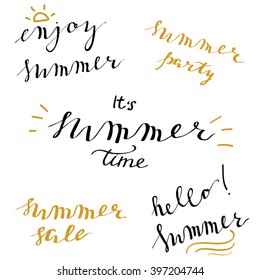 Summer set of simple hand lettering phrases. Enjoy summer, summer party, it's summer time, summer sale, hello summer