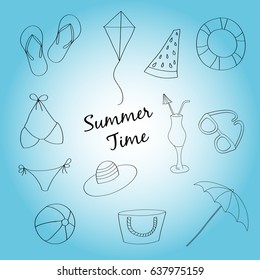 Summer set in sketch style. Elements of beach vacation for design.