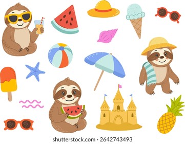 Summer set with sloths, watermelon, ice cream, pineapple, sunglasses, beach umbrella, sandcastle, tropical fruits. Rest time, vacation. For summer decorations and travel themes
