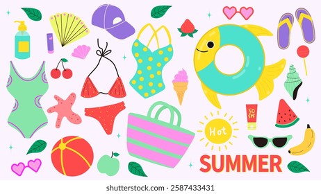 Summer set for sticker. Colorful summer elements. Modern isolated vector illustration.