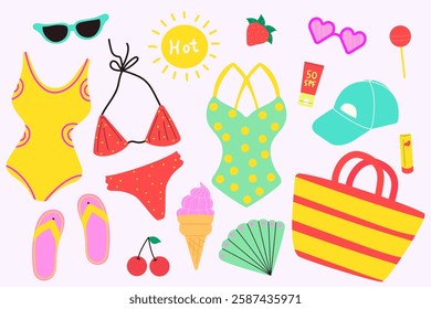 Summer set for sticker. Colorful summer elements. Modern isolated vector illustration.