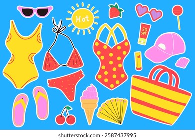 Summer set for sticker. Colorful summer elements. Modern isolated vector illustration.