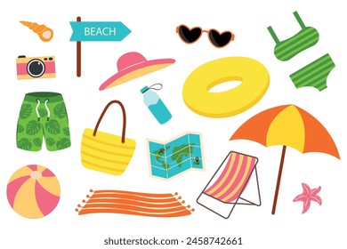 Conjunto de verano de iconos de pegatinas. Ilustración vectorial de un conjunto de Elementos de vacaciones en la playa. Se puede utilizar para el Anuncio, iconos, símbolos, fondo de elemento aislado