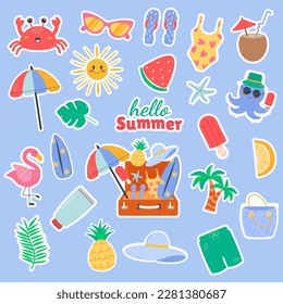 Summer set stickers cartoon kawaii elements cute flat doodle style 