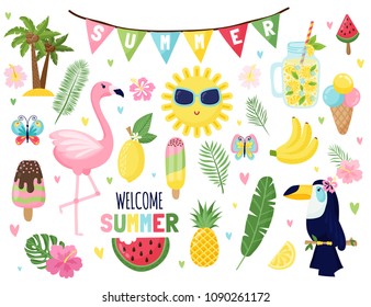 Summer set, summertime vacation quotes with fun season illustrations. Bright illustration in a cartoon style. Ideal for greeting card, party invitation, flyer or poster.