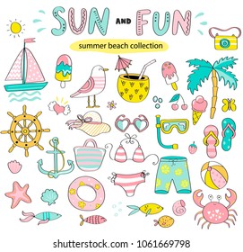 Summer set of sun and fun hand drawn elements such as boat,sun,drinks,fish,crab,palm for holiday,travel,beach vacation. Perfect for web,card,poster,cover,tag,invitation,sticker.Vector illustration.