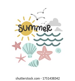 summer set, sun and seagulls, mollusks and starfish, vector design template, lettering illustration hand drawing