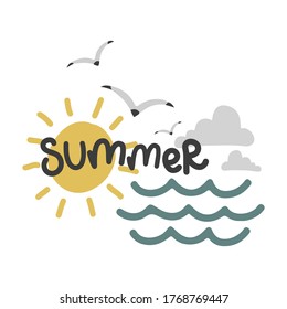 summer set, sun and seagulls, vector design template, lettering illustration hand drawing