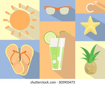 Summer set with sun, sunglasses, celsius, starfish, cocktail, pineapple and flip flops