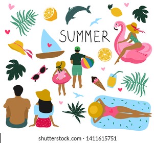 Summer set with sunbathing people, palm leaves, ship, dolphin and beach accessories.