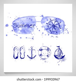 Summer Set with sunglasses, helm, anchor, ship, lifeline. Vector.