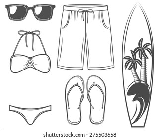 the summer set: sunglasses, swimsuit, shorts, surfboard, palm tree. the beach and vacation