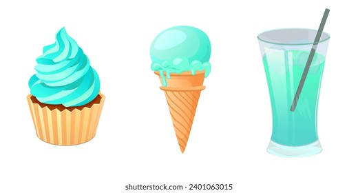Summer set with sweets and drink. Isolated ice cream, cupcake and cocktail.