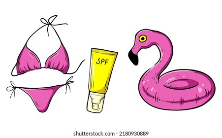 Summer set, swim suit, spf and swim ring, vector illustration
