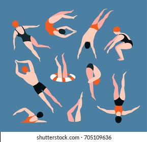  Summer  set with swimming people isolated on the blue background. Summertime vector illustration with swimmers drawing in flat style.