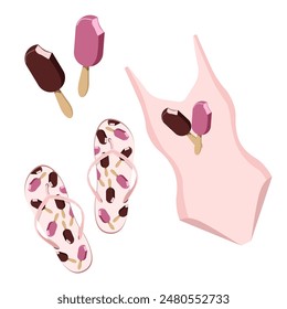 Summer set of swimsuit and flip flops with ice cream print, popsicle on a stick, isolated on white background.Vector set for summer designs.