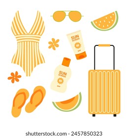 Summer set with swimsuit, spf, flip-flops, suitcase, sunglasses and fruit. Isolated objects on white background. Vector illustration