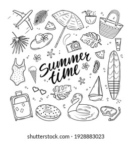 Summer set with swimsuit, surfboard, beach bag, swim circles and text. Vector contour illustration.