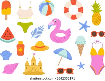 Summer set with swimwear, beach toys, fruit, seashells, sunglasses. Rest time, vacation. For summer decorations and travel themes