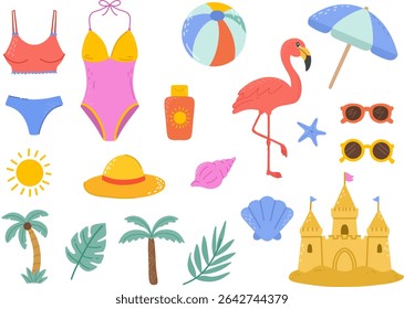 Summer set with swimwear, bikini, flamingo, beach ball, sunhat, sand castle, palm trees, shells, umbrella. Rest time, vacation. For summer designs.