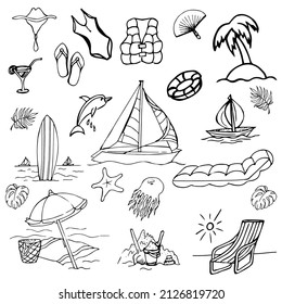 A summer set of summer symbols isolated on a white background.Sailboat,palm tree,chaise longue,fan,inflatable mattress,surfing,jellyfish,life jacket,hat...Vector illustration in doodle style.