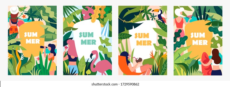 Conjunto de plantillas de verano para afiches, pancartas, cubiertas, volantes, marcos, folletos. Plantas tropicales. Jungla. Chicas de vacaciones. Ilustración de dibujos animados planos vectores.