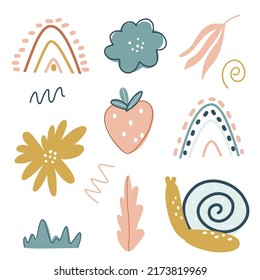 Conjunto veraniego de cosas al estilo de las caricaturas. Ilustración vectorial pegatinas coloridas arco iris, fresa, flores, hojas, caracol, hierba