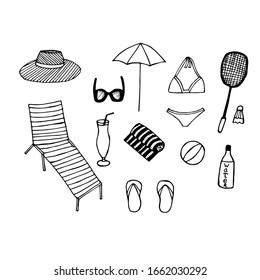 Summer set, things and clothes for the beach, vector illustration, hand drawing