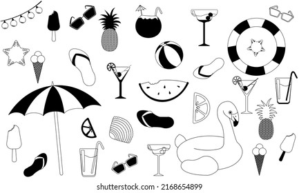 Summer Set Of Things For A Party, Relaxing On The Beach, Black And White Outline