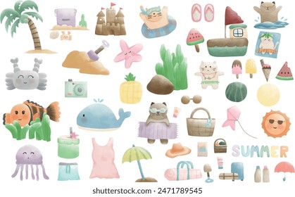 summer set , summer time , water color vector, cute summer
